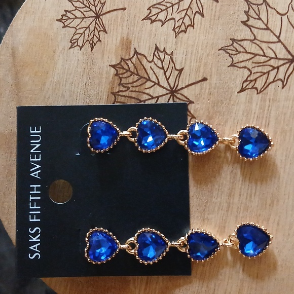 New Saks Fifth Avenue Gold And Blue Heart Stament Earrings - Picture 1 of 17